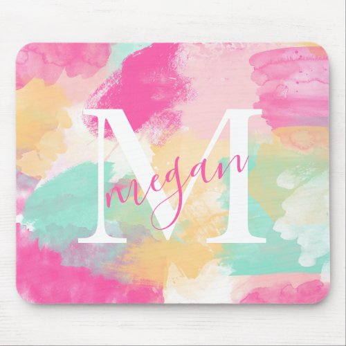 Pink watercolor abstract brushstrokes monogrammed mouse pad