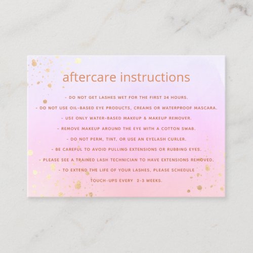 Pink Watercolor AfterCare for Lash Extensions Business Card