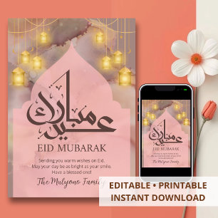 Pink Watercolor Alcohol Ink Eid Mubarak Card