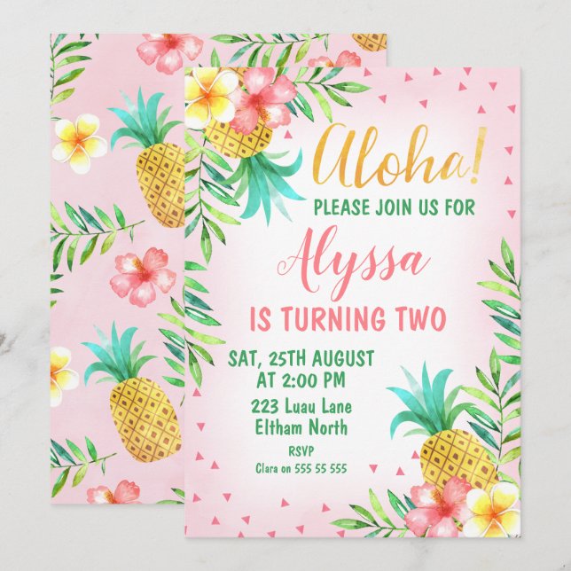 Pink Watercolor Aloha Luau Birthday Invitation (Front/Back)