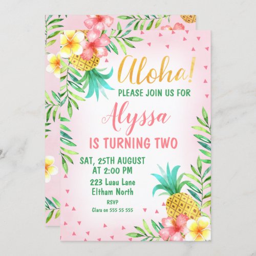 Pink Watercolor Aloha Luau Birthday Invitation