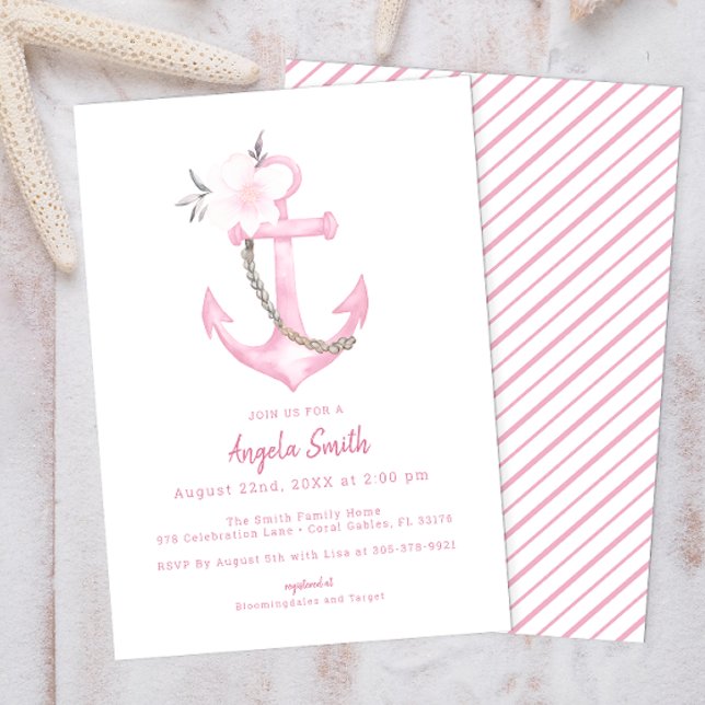Pink Watercolor Anchor Baby Shower Invite (Pink Nautical Baby Shower Invitation)