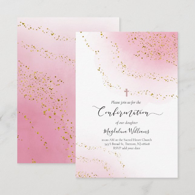 pink watercolor and FAUX glitter Confirmation Invitation (Front/Back)