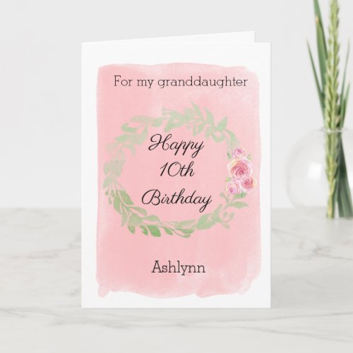Pink Watercolor and Floral 10th Birthday Card