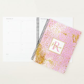 Pink watercolor and gold confetti monogram planner