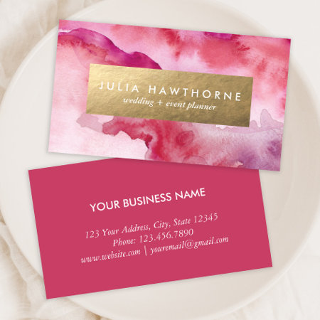 Pink Watercolor And Gold Faux Foil Business Card