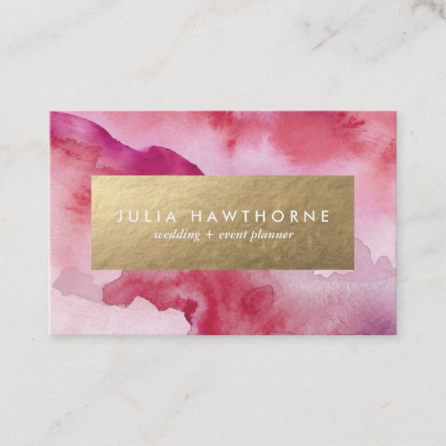 Pink Watercolor and Gold Faux Foil Euro Business Card (Front)