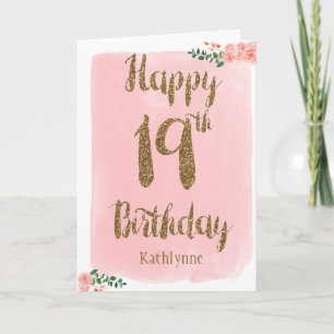 Pink Watercolor and Gold Glitter 19th Birthday Card