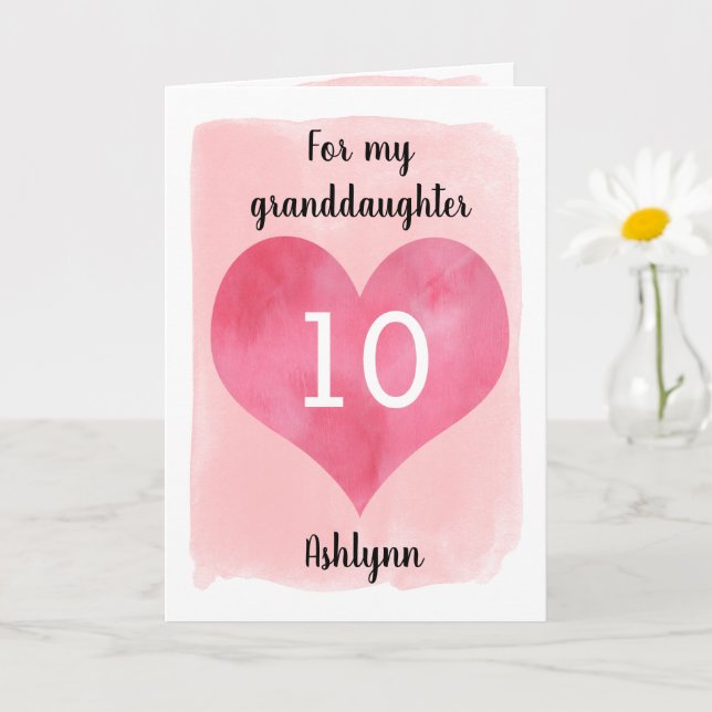 Pink Watercolor and Red Heart 10th Birthday Card (Small Plant)