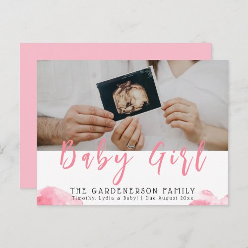 Pink Watercolor Baby Girl Announcement  Postcard