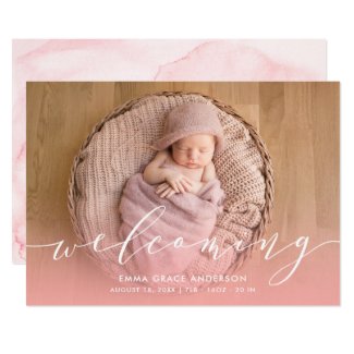 Pink Watercolor Baby Girl Birth Announcements