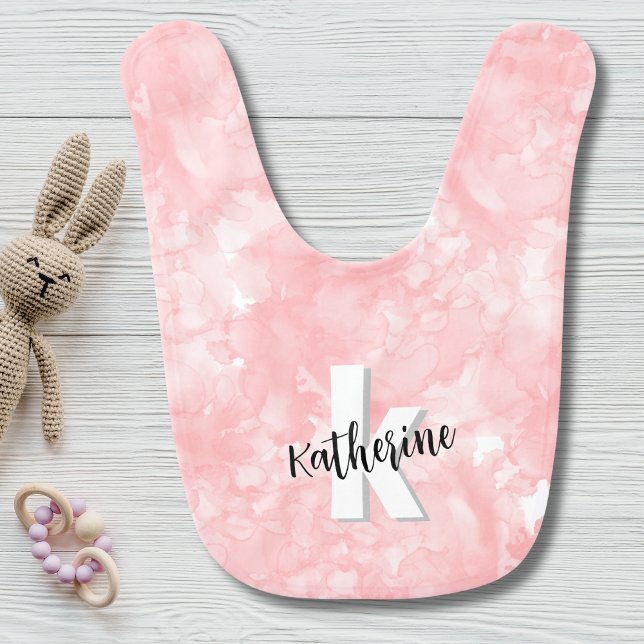 Pink Watercolor Baby Girl Monogram Bib (Stylish Girly Monogram Baby Girl Watercolor Pink baby bib)