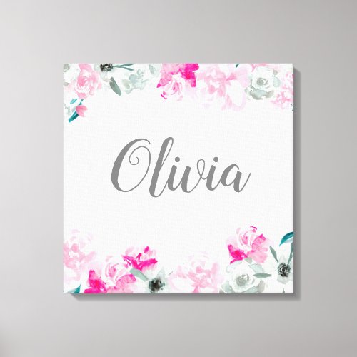 Pink Watercolor Baby Girl name floral wall art