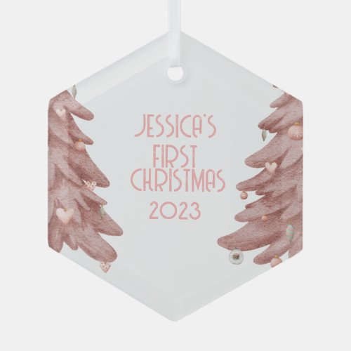 Pink Watercolor Baby Girls First Christmas Glass Ornament