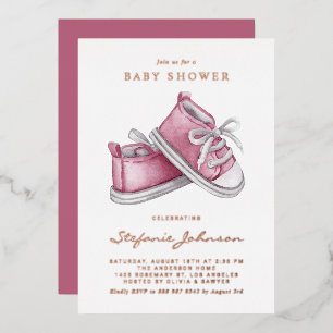 Pink Watercolor Baby Shoes It's a Girl Baby Shower Foil Invitation