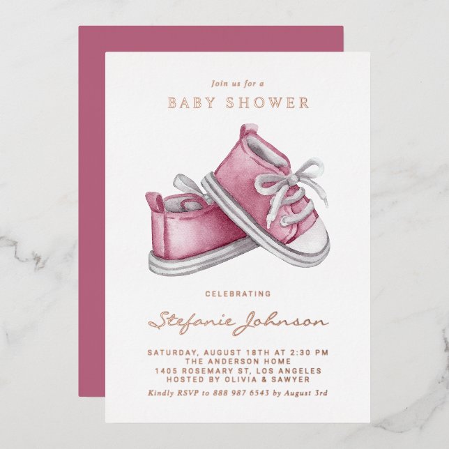 Pink Watercolor Baby Shoes It's a Girl Baby Shower Foil Invitation (Front/Back)