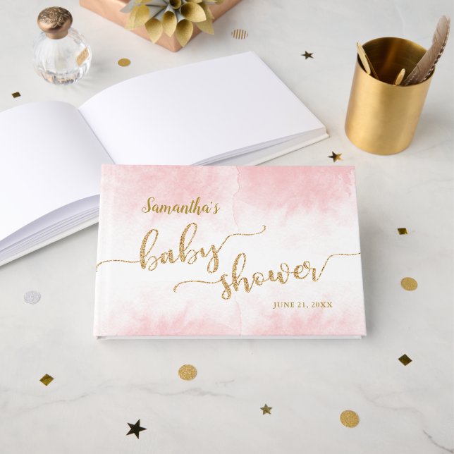 Pink Watercolor Baby Shower Gold Glitter Script Guest Book (Front Open)