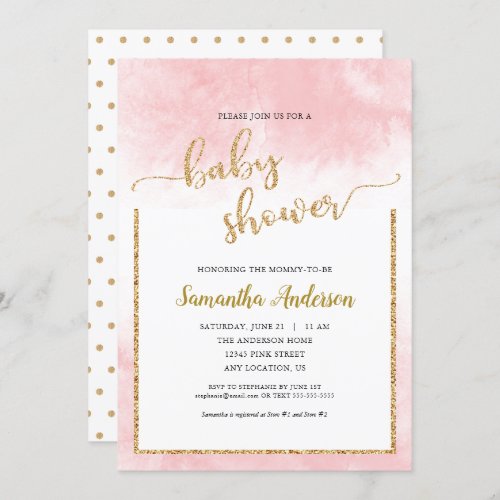 Pink Watercolor Baby Shower Gold Glitter Script Invitation