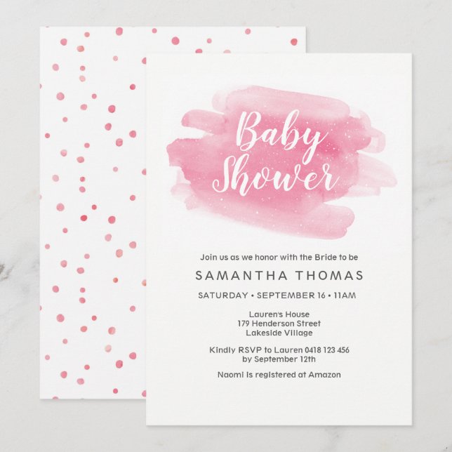 Pink Watercolor Baby Shower Invitation (Front/Back)