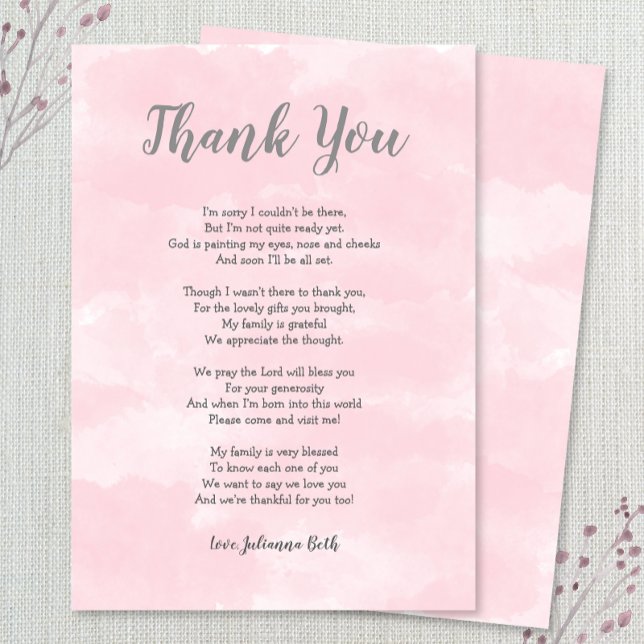 Pink watercolor Baby Shower Thank you note + poem (Creator Uploaded)