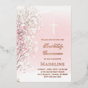 pink watercolor baby's breath    First Communion Foil Invitation