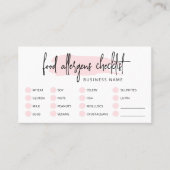 Pink Watercolor Bakery Food Allergens Checklist Business Card (Front)