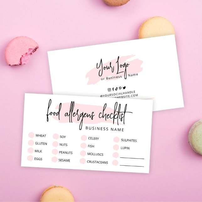 Pink Watercolor Bakery Food Allergens Checklist Business Card