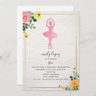 Pink Watercolor Ballerina Brick Floral Birthday Invitation