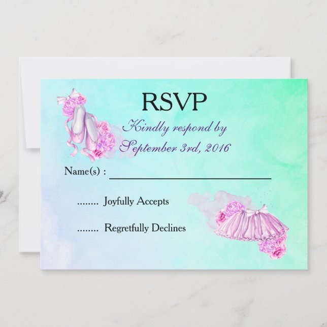 Pink Watercolor Ballet Shoes and Tutu RSVP Invitation (Front)