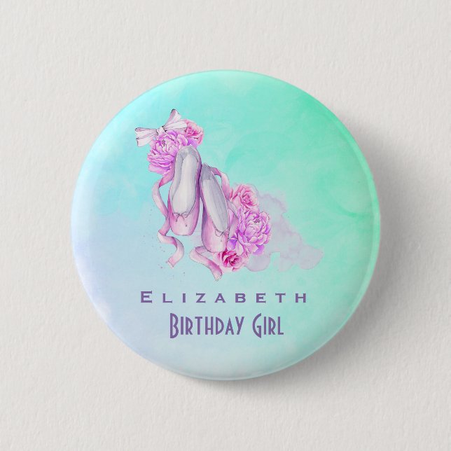 Pink Watercolor Ballet Shoes Birthday Girl Pinback Button (Front)
