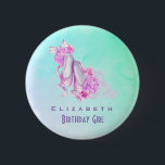 Pink Watercolor Ballet Shoes Birthday Girl Pinback Button<br><div class="desc">Personalized birthday girl button. A pretty watercolor design with a pair of pink ballet shoes surrounded by pink peony flowers,  a cute bow and some watercolor paint splatters. Very soft elegant and girly for the ballet student and fan. Set on a soft ethereal aqua pastel green watercolor background.</div>