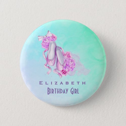 Pink Watercolor Ballet Shoes Birthday Girl Pinback Button