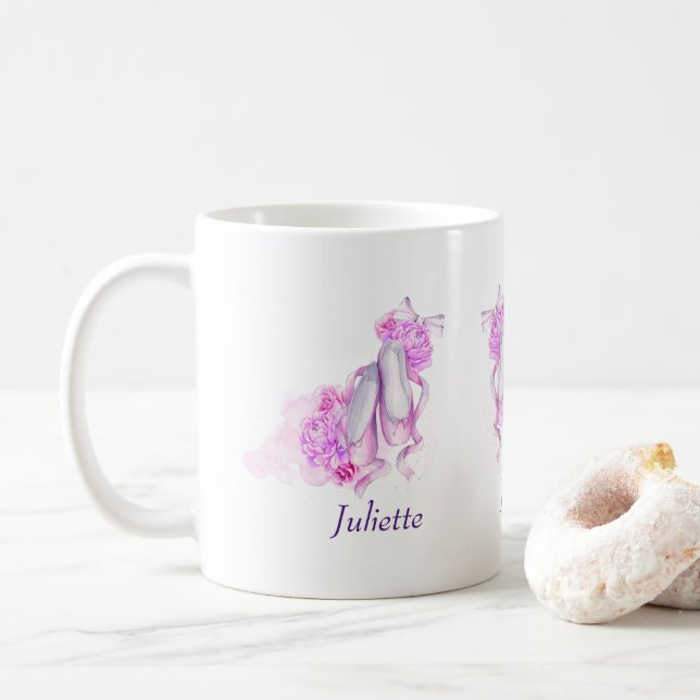 Pink Watercolor Ballet Shoes Personalized Coffee Mug (With Donut)