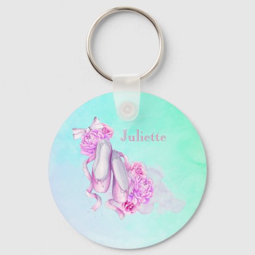 Pink Watercolor Ballet Shoes Personalized Keychain