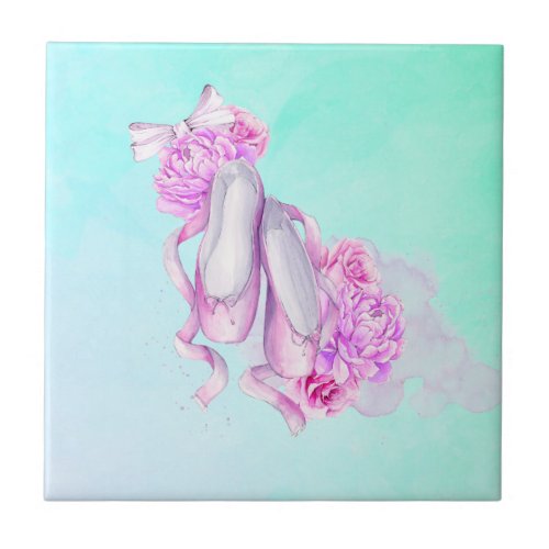 Pink Watercolor Ballet Shoes with Peonies and Bow Ceramic Tile