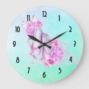 Pink Watercolor Ballet Shoes with Peonies and Bow Large Clock