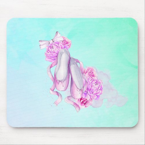 Pink Watercolor Ballet Shoes with Peonies and Bow Mouse Pad