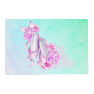 Pink Watercolor Ballet Shoes with Peonies and Bow Placemat