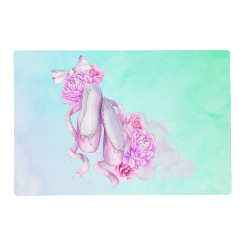 Pink Watercolor Ballet Shoes with Peonies and Bow Placemat