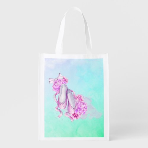 Pink Watercolor Ballet Shoes with Peonies and Bow Reusable Grocery Bag