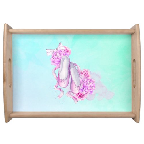 Pink Watercolor Ballet Shoes with Peonies and Bow Serving Tray