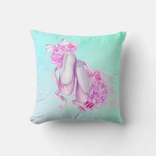 Pink Watercolor Ballet Shoes with Peonies and Bow Throw Pillow
