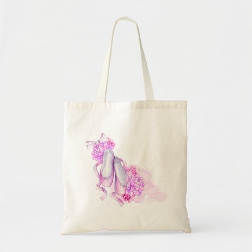 Pink Watercolor Ballet Shoes with Peonies and Bow Tote Bag