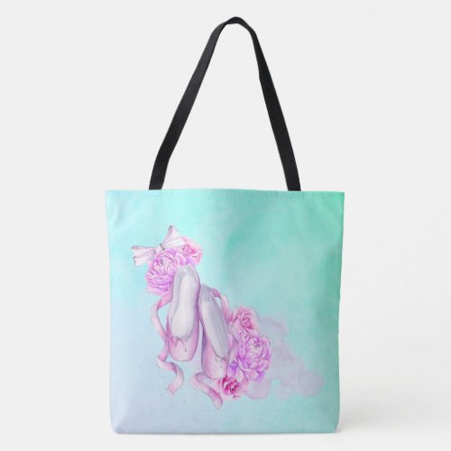 Pink Watercolor Ballet Shoes with Peonies and Bow Tote Bag