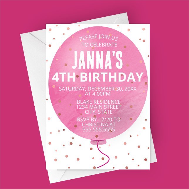 Pink Watercolor Balloon Birthday Party Invitation (Pink Watercolor Balloon Party Invitation)