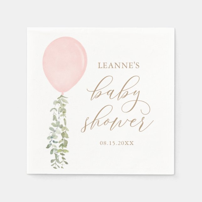 Pink Watercolor Balloon Eucalyptus Baby Shower Napkins (Front)