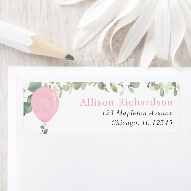 Pink watercolor balloon eucalyptus greenery label (Insitu)