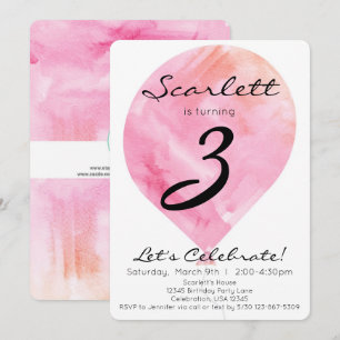 Pink Watercolor Balloon Little Girl Birthday Invitation
