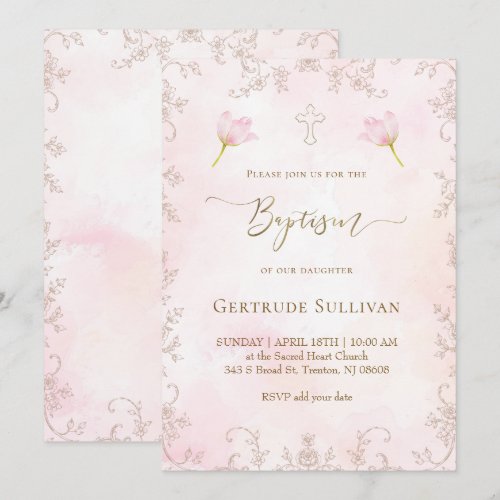 pink watercolor Baptism Invitation