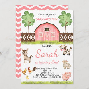 Pink Watercolor Barnyard Farm Birthday Invitation